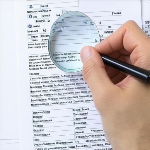 Person analyzing credit report for errors with magnifying glass.