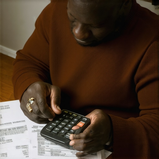 Person analyzing credit report with calculator and documents