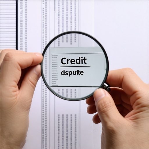 A person examining credit report discrepancies with a magnifying glass in a professional setting.