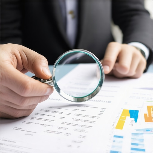 Person analyzing credit report details with magnifying glass in office.