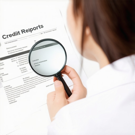 Professional analyzing credit report discrepancies with magnifying glass at desk