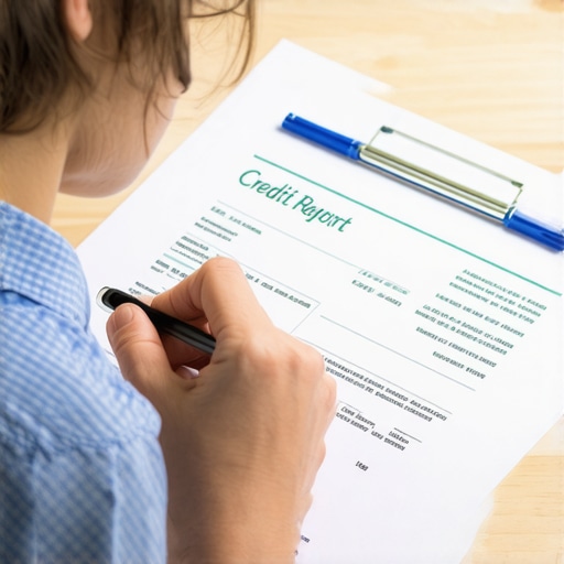 Person analyzing credit report with a pen, focusing on error identification.