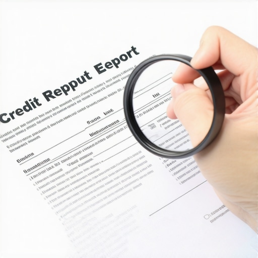 Person analyzing a credit report with a magnifying glass, focusing on errors and strategies for credit improvement.