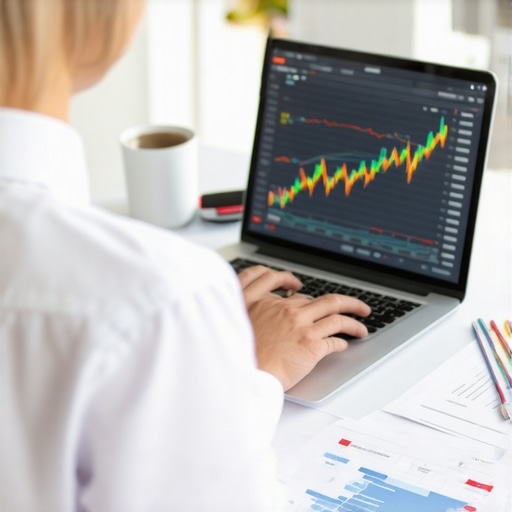 Person managing credit scores using online tools with financial charts on screen.