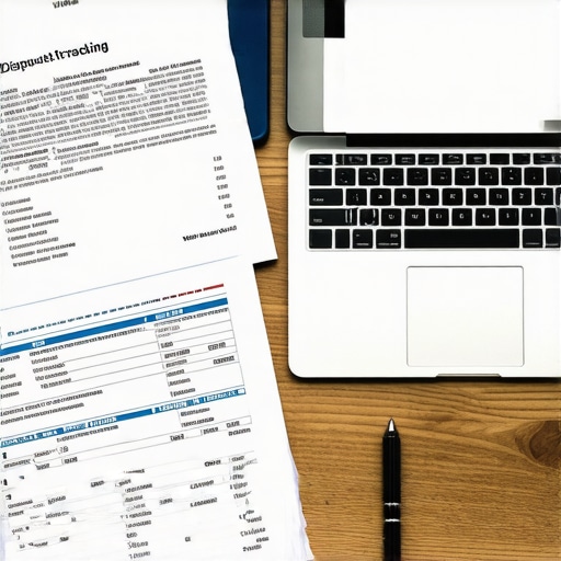 Desk with credit reports, laptop, and pen for tracking credit disputes.