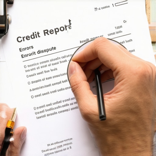 Person analyzing their credit report with a magnifying glass, focusing on errors for dispute.