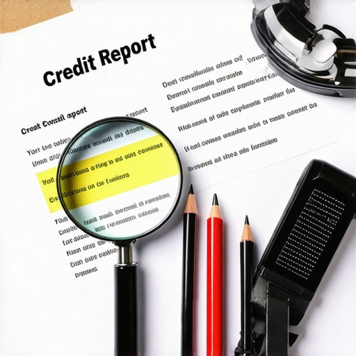 Close-up of a credit report with highlighted errors and analytical tools for credit assessment.