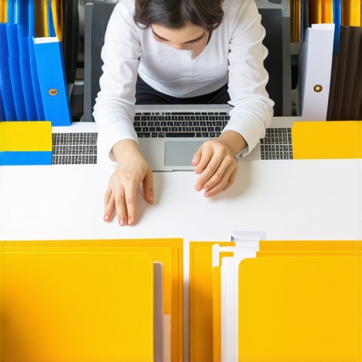 Managing Credit with Digital Tools Individual reviewing credit documents on a laptop with organized folders and alerts