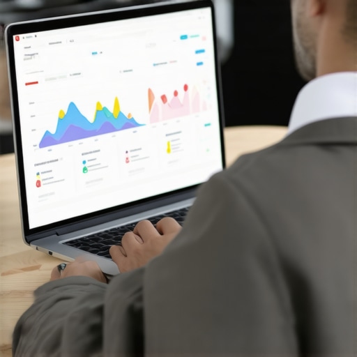 Person managing credit score on laptop with charts and alerts