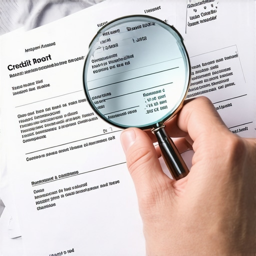 Person examining credit reports with magnifying glass to identify errors.