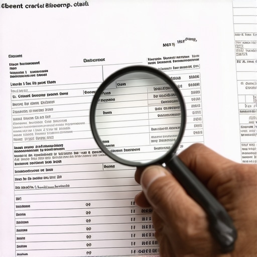 Person analyzing credit reports for errors with a magnifying glass.