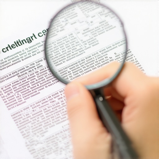 Thorough Credit Report Review Process Person analyzing credit report documents with a magnifying glass, representing detective-like investigation into credit errors.