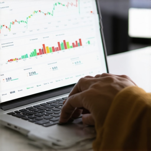Person reviewing credit reports on a laptop with financial charts displayed.