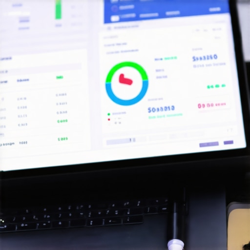 Laptop displaying credit score dashboard with documents and pen on desk