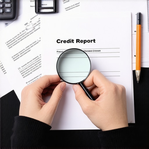 Dispute Evidence Collection Person examining credit report with magnifying glass, symbolizing thorough review and evidence gathering.