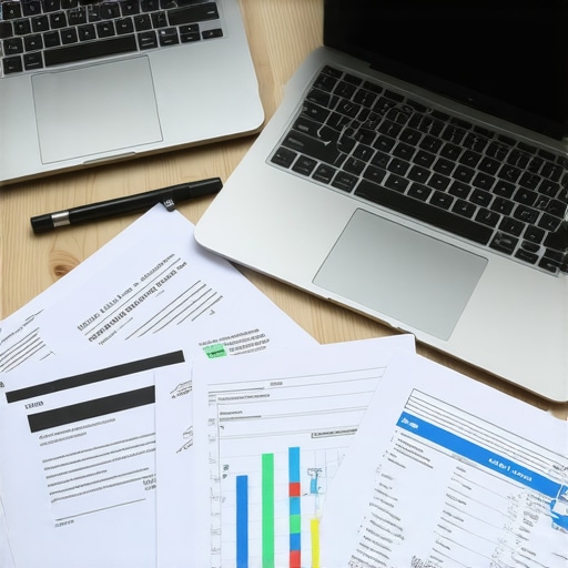 A workspace showing a laptop displaying credit score graphs and credit report documents.