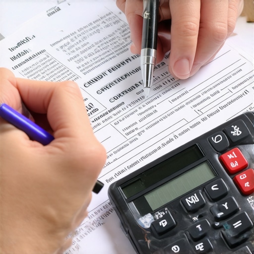 Person analyzing credit report documents with a calculator, highlighting proactive credit management.