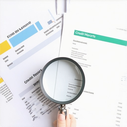 A person examining credit reports carefully with a magnifying glass.