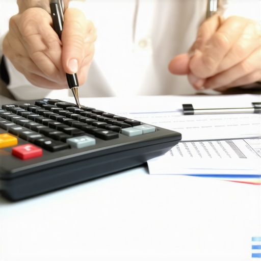 Person analyzing credit report documents with a calculator