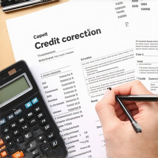 A person analyzing a credit report with tools for credit repair.
