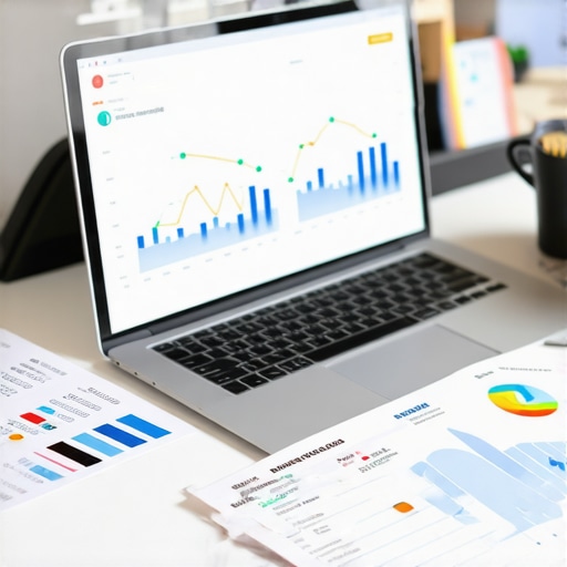 Organized Credit Maintenance Workspace A workspace showing a laptop with credit graphs and neatly organized documents for credit management