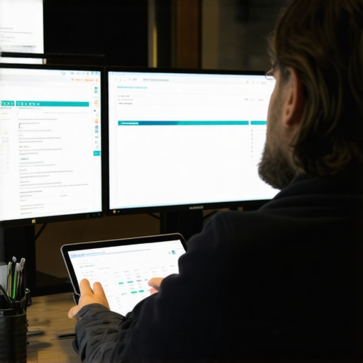 A professional reviewing digital financial documents on multiple monitors, emphasizing organization and technology in credit management
