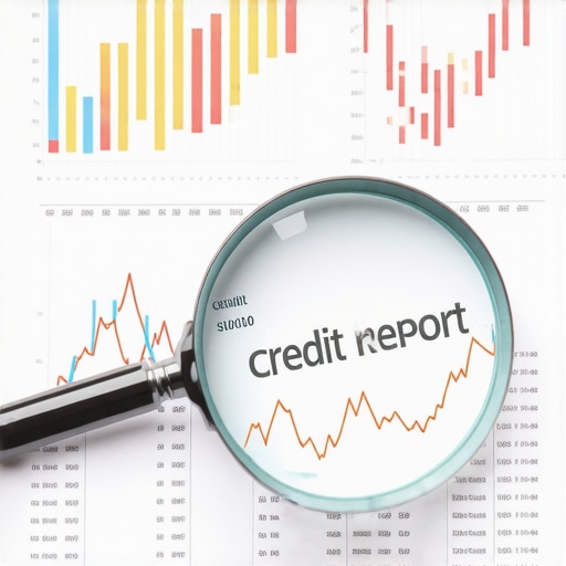 Magnifying glass examining a credit report with digital data overlays.