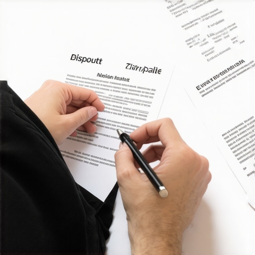 Individual analyzing a credit report for errors with dispute documentation.