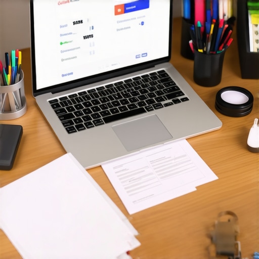 A tidy workspace showing a laptop with credit score graphs, notepads, and scanned documents for credit repair.