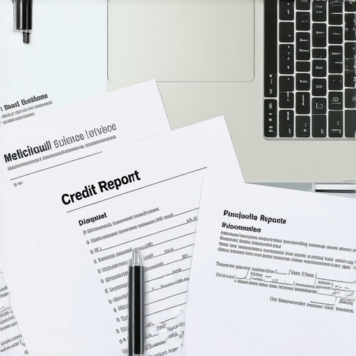 Desk setup with credit reports, dispute documents, and tools for detailed credit error evidence collection.