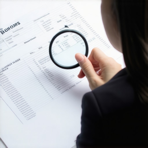 Individual analyzing credit report documents closely with a magnifying glass.