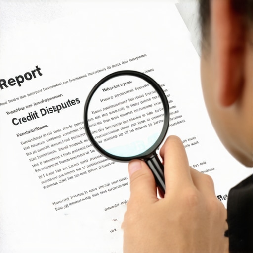 Detailed Credit Report Review Person analyzing credit report documents closely with a magnifying glass.