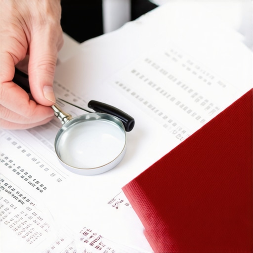 Person analyzing credit report documents with magnifying glass