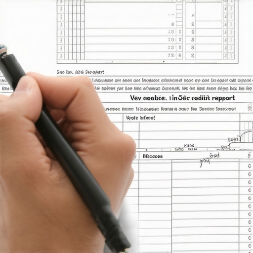 Disputing credit report errors with documentation Person reviewing and marking credit report for errors