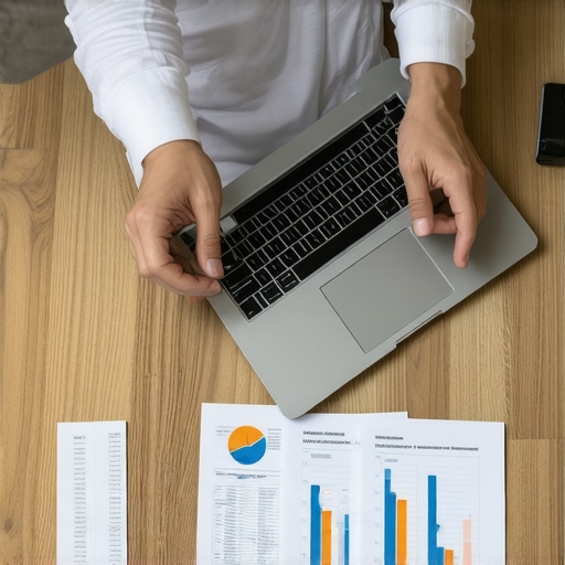 Person analyzing credit report on laptop with financial charts.