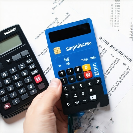 Person reviewing credit card statements with calculator and documents