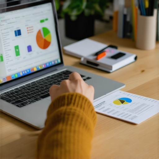 Person analyzing credit reports using a laptop with financial tools nearby.