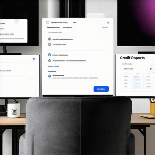 A high-tech home office setup with computers showing credit scores and reports