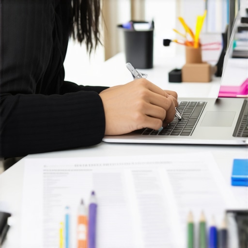 Person analyzing credit report documents with a laptop and organized workspace.