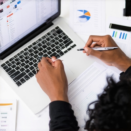 Individual analyzing credit report on laptop with financial charts and notes