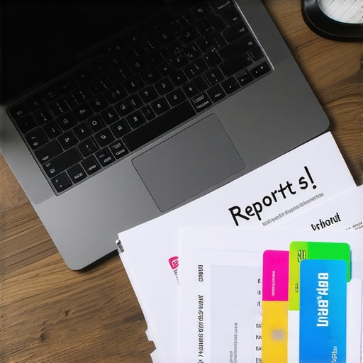 Laptop, credit reports, and organization tools on a desk showing disciplined credit report management.