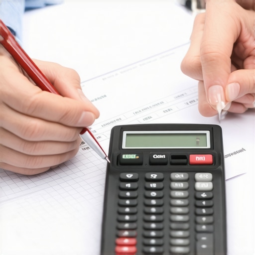 Person analyzing credit report with a pen and calculator.