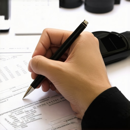 Individual analyzing credit report with notes and pen in an office setting.