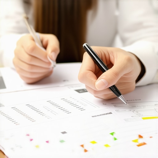Person analyzing credit reports and financial documents at a desk.