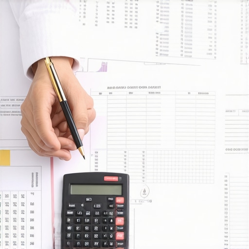 Person analyzing credit report with a pen and calculator