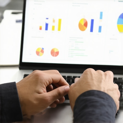 Person managing credit report on laptop with charts and templates displayed.