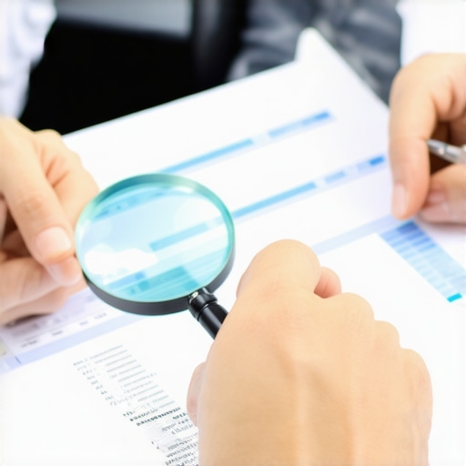 Person examining credit reports with magnifying glass