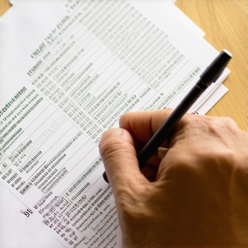 Person reviewing credit report documents with pen, representing credit repair process.