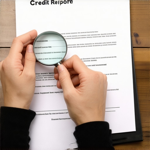Person analyzing credit report details with a magnifying glass for errors.