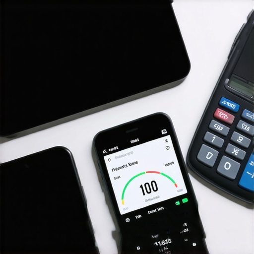 A workspace with credit management apps on devices and financial planning materials.